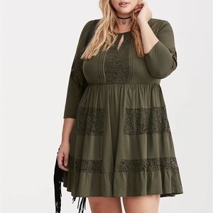 Torrid Lace Inset Challis Dress Army Green Babydoll